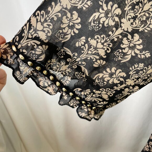 Forever 21 Robe Baroque Pattern Black Tan Ribbon Ruffle Hem Elbow Sleeves Size S - Picture 5 of 10